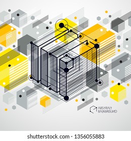 Technical blueprint, vector yellow digital background with geometric design elements, cubes. Engineering technological wallpaper made with honeycombs.