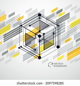 Technical blueprint, vector yellow digital background with geometric design elements, cubes. Engineering technological wallpaper made with honeycombs.