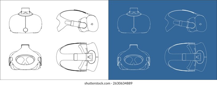 Technical Blueprint of VR Headset and AR Goggles – Line Drawing Vector Isolated on Transparent Background