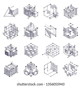 Technical blueprints set, vector black and white digital background with geometric design elements, cubes. Engineering technological wallpaper made with honeycombs.