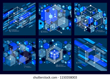 Technical blueprints set, vector blue black digital background with geometric design elements, cubes. Engineering technological wallpaper made with honeycombs.