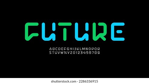 Technical bold font, digital alphabet, bright uppercase Latin letters from A to Z and Arab numbers from 0 to 9 for you ui ux designs, vector illustration 10EPS
