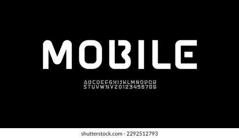 Technical bold font, digital alphabet, trendy uppercase Latin letters from A to Z and Arab numbers from 0 to 9 for you ui ux designs, vector illustration 10EPS