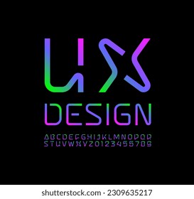 Technical bright font, digital alphabet, trendy uppercase Latin letters from A to Z and Arab numbers from 0 to 9 for you ui ux designs, vector illustration 10EPS