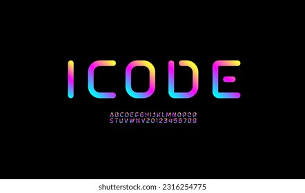 Technical bright font, digital rounded alphabet, trendy Latin letters from A to Z and Arab numbers from 0 to 9 for you designs, vector illustration 10EPS