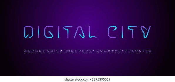 Technical bright font, thin digital alphabet, trendy uppercase Latin letters from A to Z and Arab numbers from 0 to 9 for you designs, vector illustration 10EPS