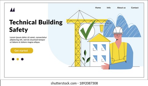Technical building safety landing page mockup. Construction engineering concept. Flat cartoon vector illustration with character isolated on white background for web, social media