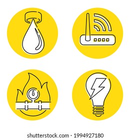 Technical building system flat thin line icons - electricity, gasification, water supply and internet router - vector signs for site architectural plan infographics