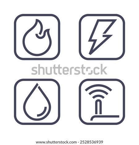 Technical building system icons in bold line - electricity, gasification, water supply and internet router - vector signs for site architectural plan infographics