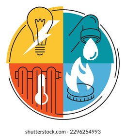 Technical building system icons as segments of diagram - electricity, gasification, water supply and home internet - vector signs for site architectural plan infographics
