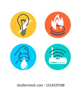 Technical building system icons set - electricity, gasification, water supply and LAN internet - vector signs for site architectural plan