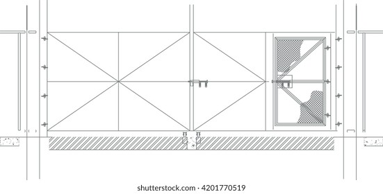 Technical CAD elevation of a large industrial door or gate panel featuring diagonal bracing, vertical stiles, and an integrated access door with mesh infill.