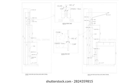 Technical CAD engineering drawing showing detailed front view, side view, and mounting specifications for LED pole light arm installation.