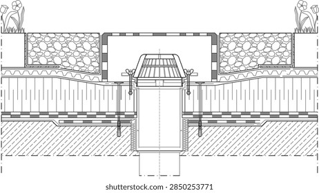 Technical CAD section of a drainage inlet structure showing a central grated shaft flanked by retaining walls with riprap fill and landscaping plants.