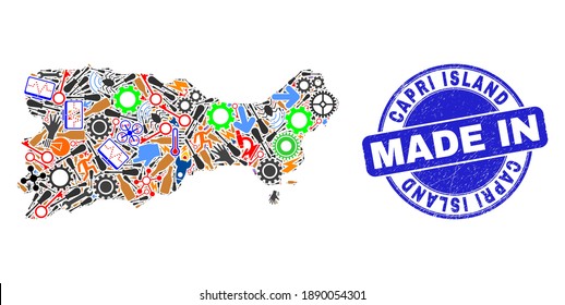 Mosaico de mapa técnico de la isla Capri y marca de agua de fondo MADE IN. Absorción de mapas de la isla de Capri diseñada con palancas, rueda, herramientas, elementos, transportes, pernos eléctricos, detalles.