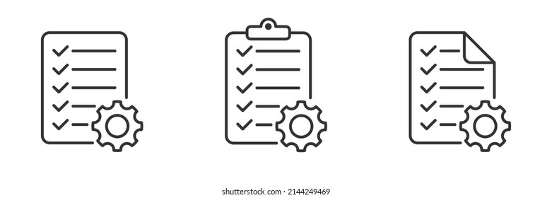 Lista de verificación técnica. El portapapeles agrega un conjunto de iconos de engranajes. Lista de comprobación de soporte técnico con cog. Concepto de negocio de gestión. Ilustración vectorial plana.