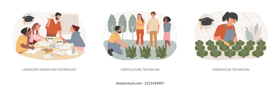 Ensino universitário técnico isolado desenhos animados vetor ilustrações conjunto. Design de paisagem e tecnologia grau associado, obter diploma em horticultura, técnico de estufa profissão vetor cartoon.