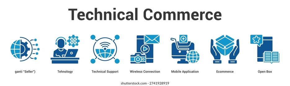 Technical Commerce web banner icon set vector illustration concept for business with icon of Tehnology, Technical Support, Wireless Connection, Mobile Application, Ecommerce, O.