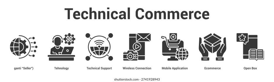 Technical Commerce web banner icon set vector illustration concept for business with icon of Tehnology, Technical Support, Wireless Connection, Mobile Application, Ecommerce, O.