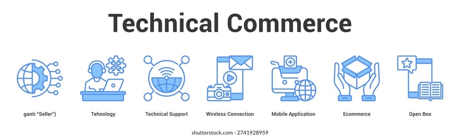 Technical Commerce web banner icon set vector illustration concept for business with icon of Tehnology, Technical Support, Wireless Connection, Mobile Application, Ecommerce, O.