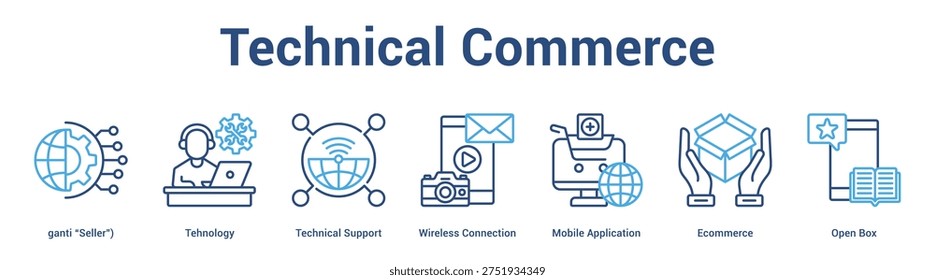 Technical Commerce web banner icon set vector illustration concept for business with icon of Tehnology, Technical Support, Wireless Connection, Mobile Application, Ecommerce, O.