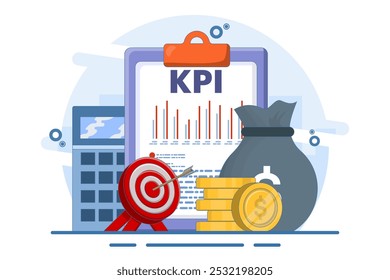 Technical concept of business key performance indicators or KPI, Performance evaluation and dynamics on dashboard, Strategy, Data Report, Efficient workflow. Flat vector illustration.