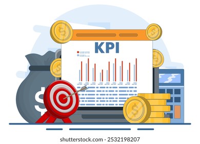 Technical concept of business key performance indicators or KPI, Performance evaluation and dynamics on dashboard, Strategy, Data Report, Efficient workflow. Flat vector illustration.