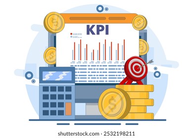 Concepto técnico de los indicadores clave de rendimiento del negocio o KPI, Evaluación del rendimiento y dinámica en el tablero, Estrategia, Informe de datos, Flujo de trabajo eficiente. Ilustración vectorial plana.