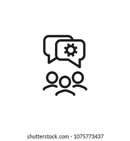 Technical conference line icon. Group, speech bubble, gear. Meeting concept. Can be used for topics like programming, engineering, brainstorming.