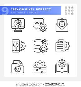 Technical configuration pixel perfect gradient linear vector icons set. Computer and smartphone settings. Customize. Thin line contour symbol designs bundle. Isolated outline illustrations collection