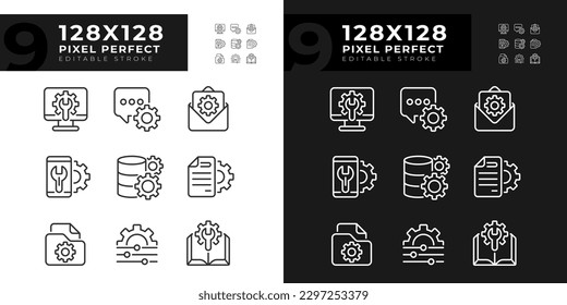 Technical configuration pixel perfect linear icons set for dark, light mode. Computer and smartphone settings. Thin line symbols for night, day theme. Isolated illustrations. Editable stroke
