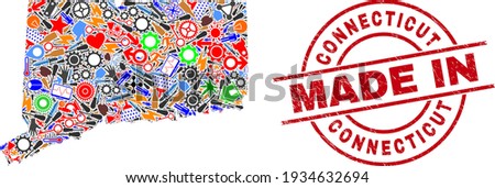 Technical Connecticut State map mosaic and MADE IN textured stamp seal. Connecticut State map mosaic designed with spanners, wheels, screwdrivers, aviation symbols, transports, electric sparks,