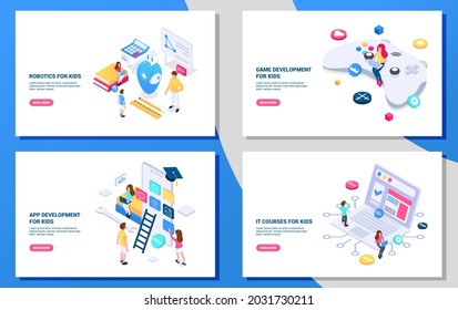 Technical courses for children. Set of 4 isometric concepts. Vector illustrations on white background.