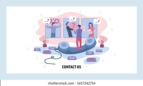 Technical customer support call center. Hotline operator chat with clients and solve problems. Company contact us concept. Vector web site design template. Landing page website illustration