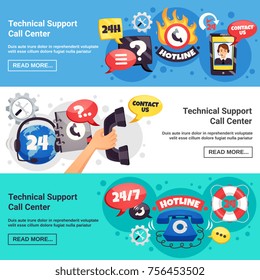 Technical customer support call center 24h online service 3 horizontal background banners webpage design isolated vector illustration 