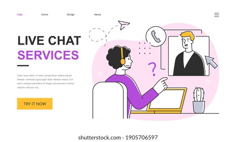 Technical customer support concept. Customer service representative talking with customer and helping him to solve the problem. Outline vector illustration. Website, webpage, landing page template