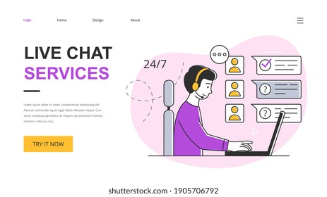 Technical customer support concept. Customer service representative talking with customer and helping him to solve the problem. Outline vector illustration. Website, webpage, landing page template