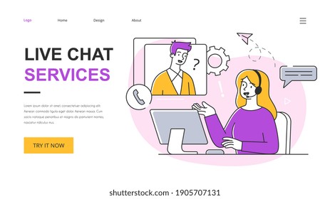 Technical customer support concept. Customer service representative talking with customer and helping him to solve the problem. Outline vector illustration. Website, webpage, landing page template