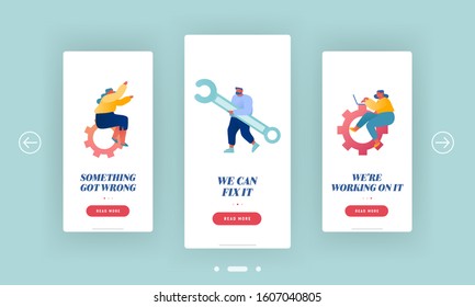 Technical Customers Support Mobile App Page Onboard Screen Set. Woman with Cogwheel Gears, Man Holding Wrench. Technician Service Concept for Website or Web Page, Cartoon Flat Vector Illustration