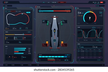 Technical cyan game interface design explaining racing telemetry interface with organized panels, controls, indicators and navigation in a landscape composition on a dark background.