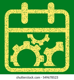 Technical Day grainy textured icon for overlay watermark stamps. Flat symbol with unclean texture. Dotted vector yellow ink rubber seal stamp with grunge design on a green background.