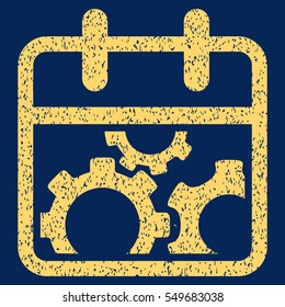 Technical Day grainy textured icon for overlay watermark stamps. Flat symbol with dirty texture. Dotted vector yellow ink rubber seal stamp with grunge design on a blue background.