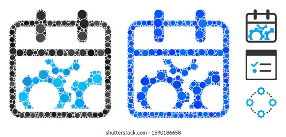 Technical day mosaic of small circles in variable sizes and shades, based on technical day icon. Vector random circles are composed into blue mosaic.