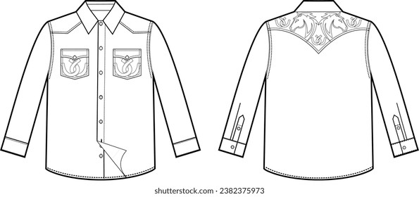 Technical design of detailed shirt with embroidery on the yoke and filigree on the pockets country fashion wild west style. svg