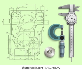 Technical design. Engineering drawing. Caliper with analog dial. Micrometer. Measuring tools. Gear wheel. Universal device designed to measure linear dimensions. Vector illustration.