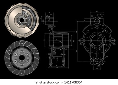 Technical design. Engineering drawing. Industrial background. Flywheel for engine. Сar clutch kit. Machine parts. Clutch disc. Car parts. Friction disk for car. Vector illustration.