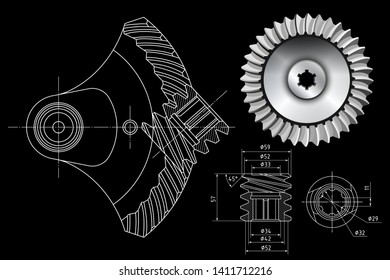 Technical design. Engineering drawing. Industrial background. Bevel gear. Realistic cogwheel. Gear wheel. Vector illustration.