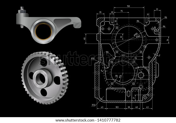 Technical\
design. Engineering drawing. Industrial background. Timing pulley.\
Metallic sheave. Realistic cogwheel. Timing pulley. Gear wheel. \
Rocker arm. Car spare part. Camshaft\
detail.