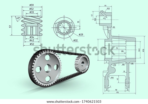 Technical design.
Engineering drawing. Industrial background. Timing pulley. Metallic
sheave. Vector
illustration.