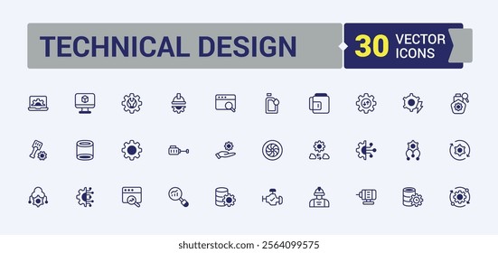 Technical Design icons set. Contains related to work, process, technology, industrial, mechanic and more. Icons for UI. Vector outline and solid icons collection.